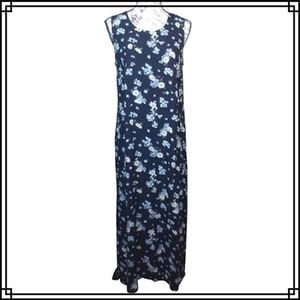 Vntg Victoria Holley Navy Blue Floral Sleeveless Maxi Dress
